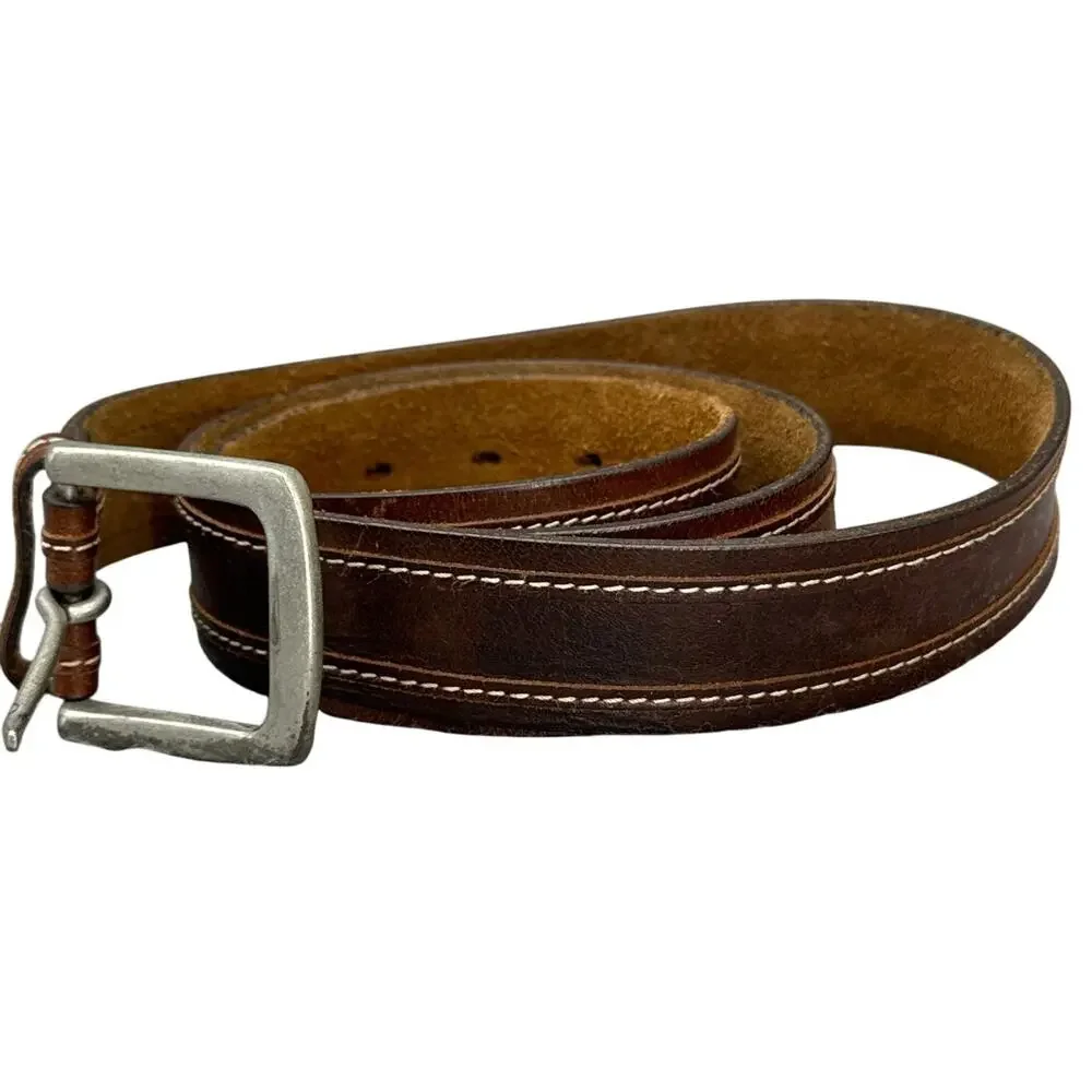 Vintage Dark Brown Patina Leather Silver Horseshoe Buckle 1.5